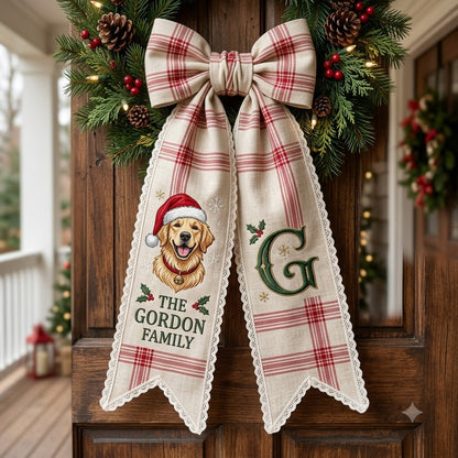 Personalized Christmas Wreath Sash, Green Plaid Bow & Christmas Dog Door Decor