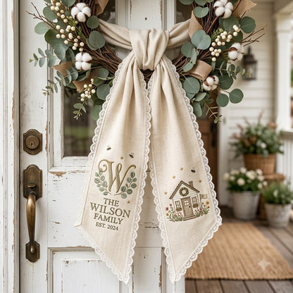 Personalized Christmas Wreath Sash, Rustic Plaid Bow Door Decor