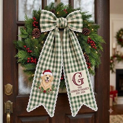 Personalized Christmas Wreath Sash, Green Plaid Bow & Christmas Dog Door Decor