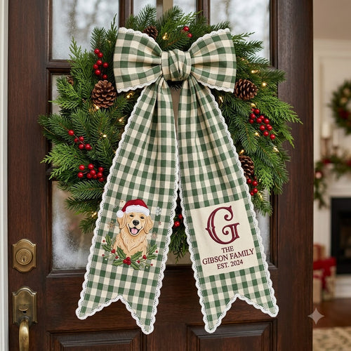 Personalized Christmas Wreath Sash, Green Plaid Bow & Christmas Dog Door Decor