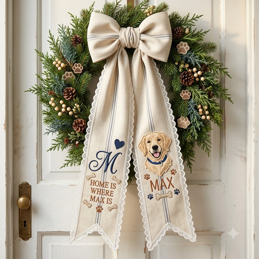 Personalized Christmas Wreath Sash, Green Plaid Bow & Christmas Dog Door Decor