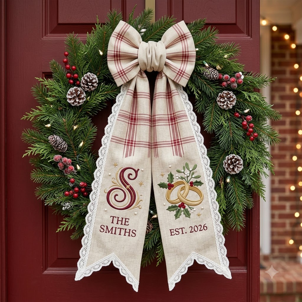 Personalized Christmas Wreath Sash, Rustic Plaid Bow Door Decor