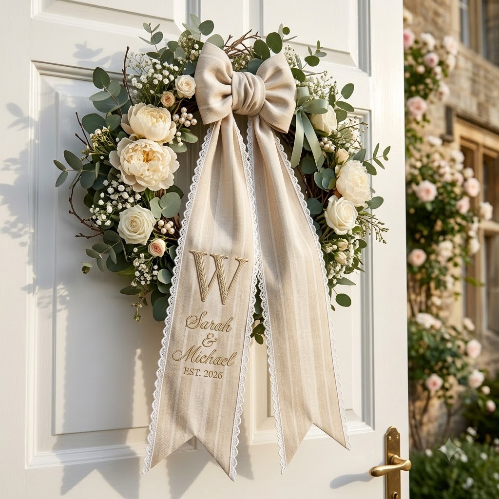 Personalized Christmas Wreath Sash, Rustic Plaid Bow Door Decor