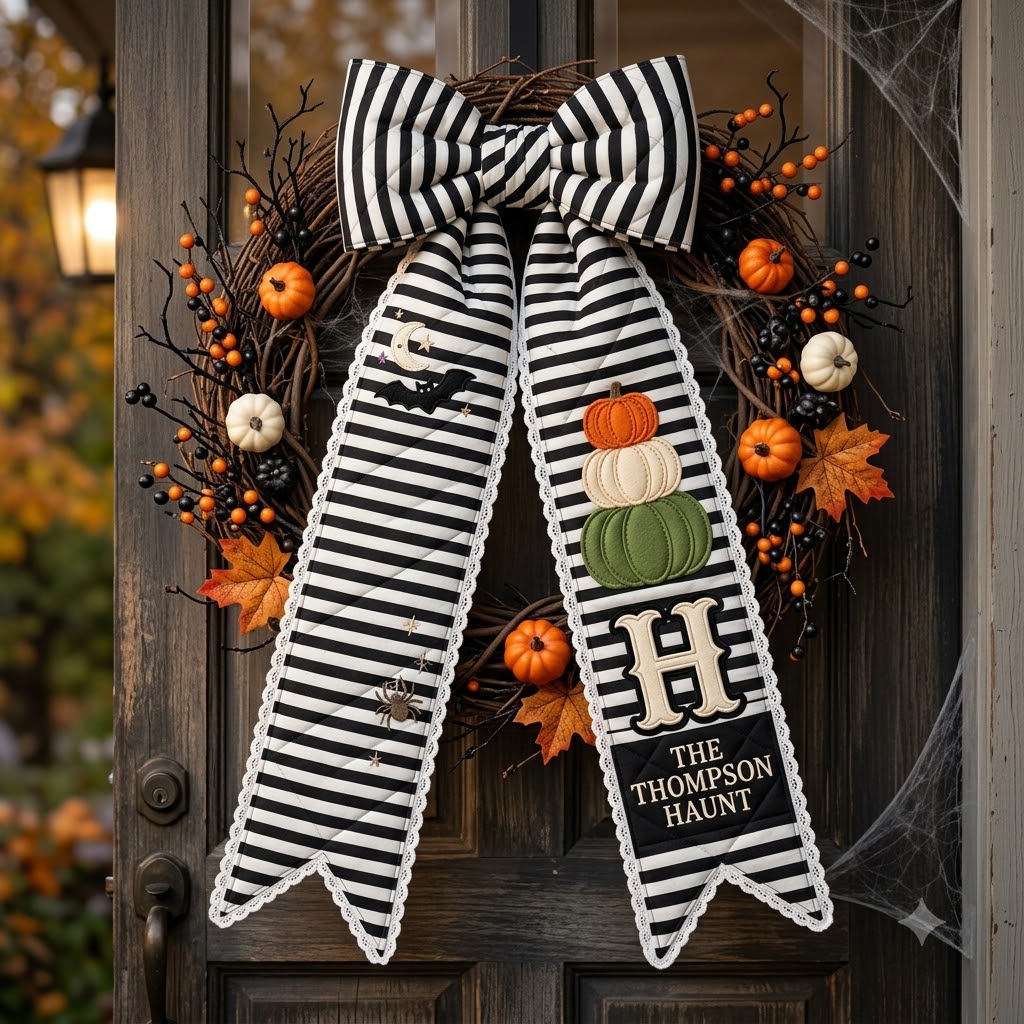Personalized Halloween Wreath Sash, Spooky Pumpkin & Ghost Door Decor