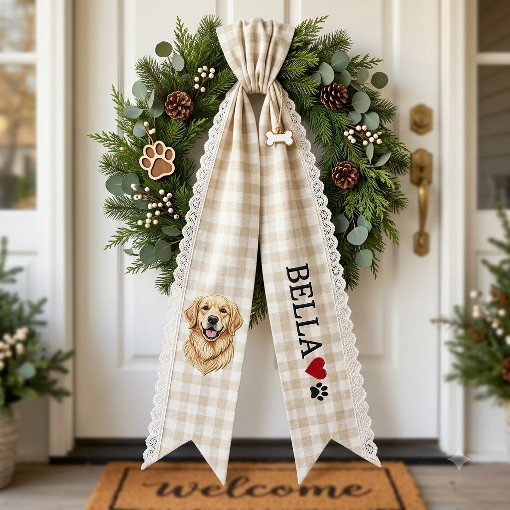 Personalized Christmas Wreath Sash, Green Plaid Bow & Christmas Dog Door Decor