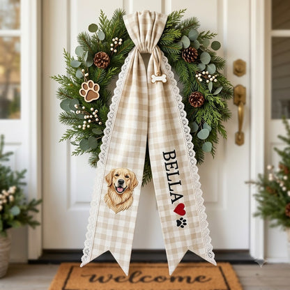 Personalized Christmas Wreath Sash, Green Plaid Bow & Christmas Dog Door Decor