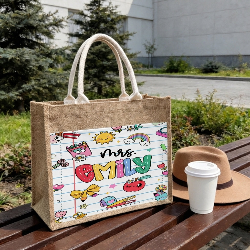 Personalized Teacher Appreciation Gifts, Custom Name Jute Tote Bag, Back to School Gift
