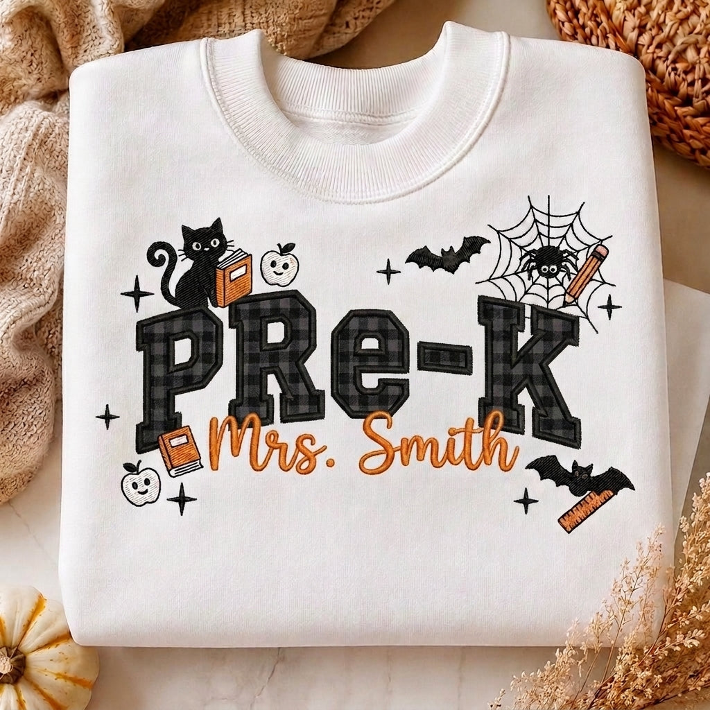 Halloween Teacher Sweatshirt, Personalized Teacher Crewneck, Embroidered Teacher Shirt, Spooky Teacher Pullover