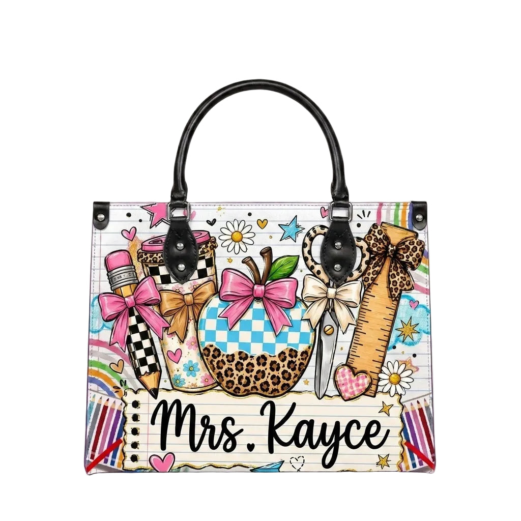 Leopard Apple Teacher Name Personalized Leather Bag + FREE Matching Leather Wallet
