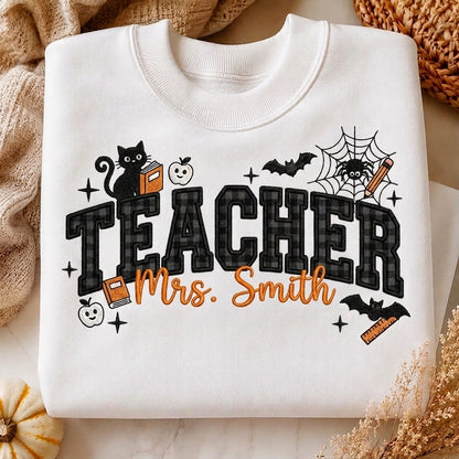 Halloween Teacher Sweatshirt, Personalized Teacher Crewneck, Embroidered Teacher Shirt, Spooky Teacher Pullover