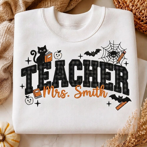 Halloween Teacher Sweatshirt, Personalized Teacher Crewneck, Embroidered Teacher Shirt, Spooky Teacher Pullover