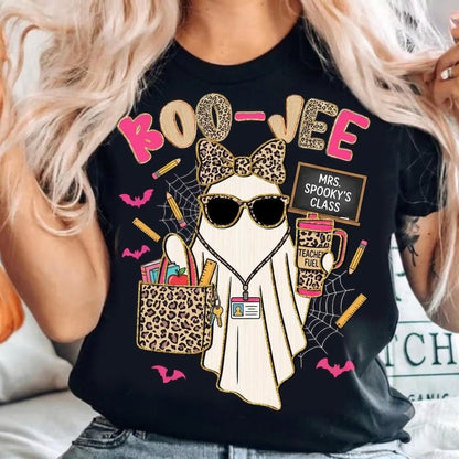 Spooky Teacher Ghost Halloween T-Shirt, Leopard Bow Cute Boo Vibes Teacher Shirt