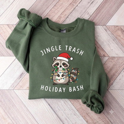 Jingle Trash Holiday Bash Raccoon Christmas Sweatshirt, Funny Christmas Animal Pullover, Cute Holiday Gift for Raccoon Lovers