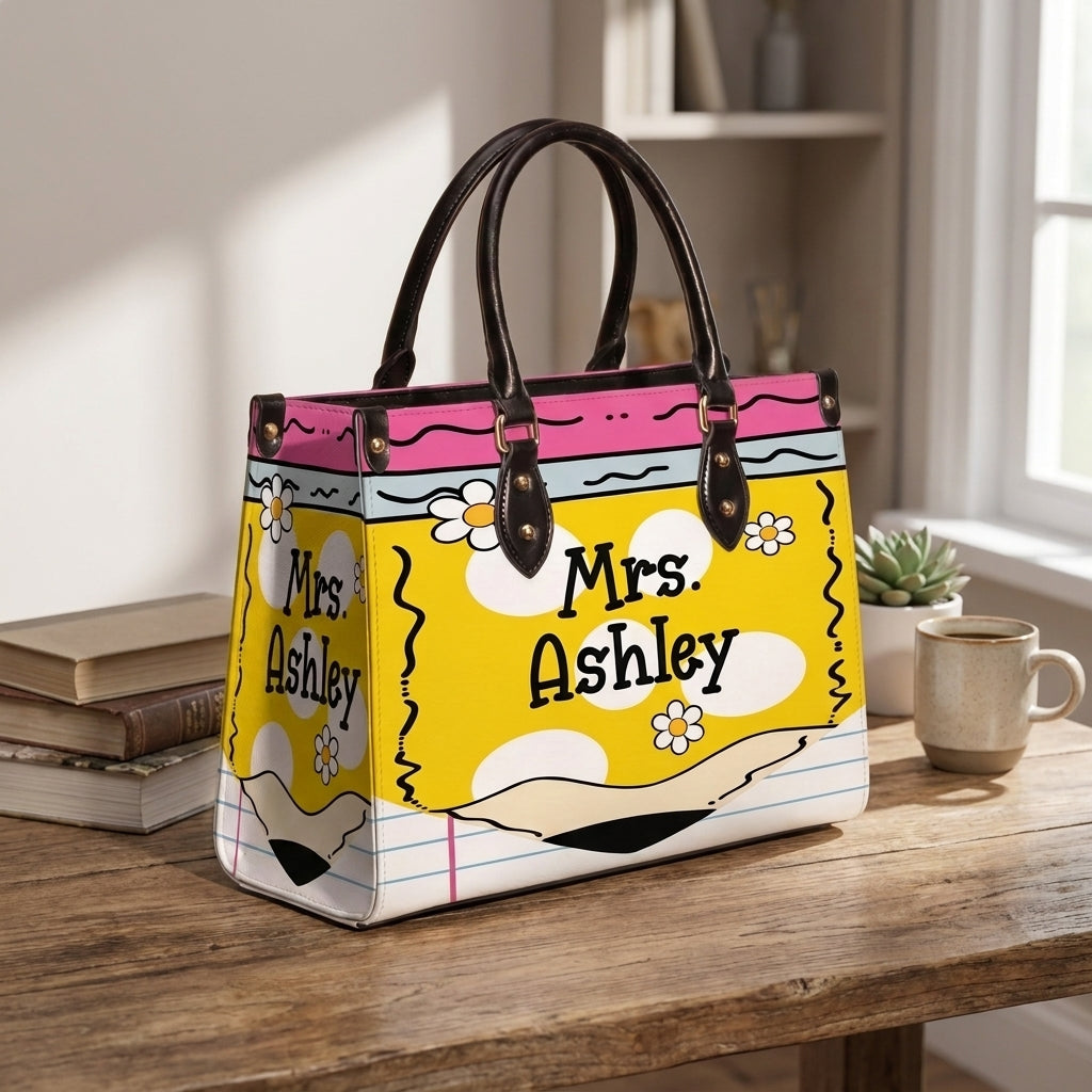 Teacher Name Floral Pencil Personalized Leather Bag + FREE Matching Leather Wallet