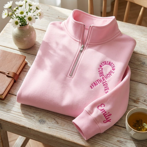 Embroidered Breast Cancer Quaterzip, Cancer Gifts, Breast Cancer Awareness Shirt, Breast Cancer Crewneck Heart Ribbon