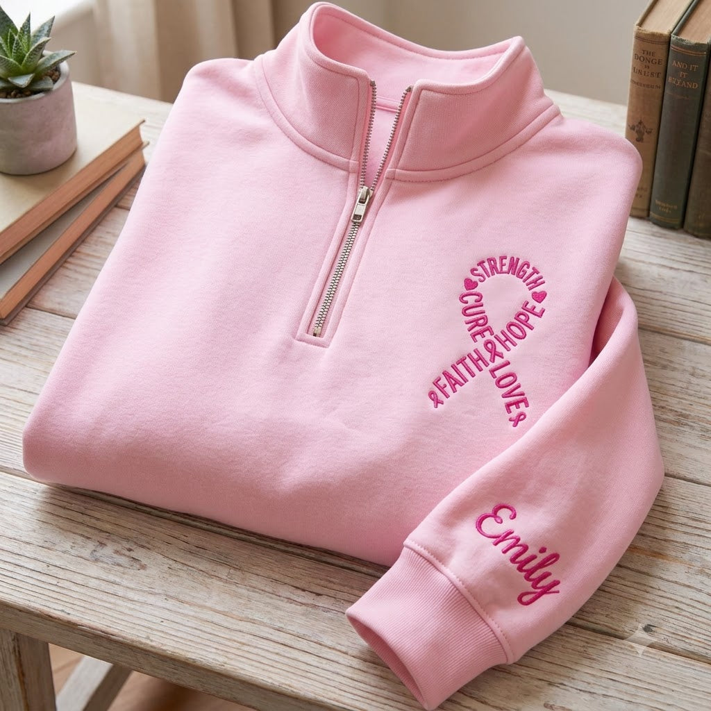 Embroidered Breast Cancer Quaterzip, Cancer Gifts, Breast Cancer Awareness Shirt, Breast Cancer Crewneck Heart Ribbon