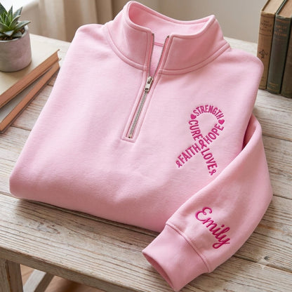 Embroidered Breast Cancer Quaterzip, Cancer Gifts, Breast Cancer Awareness Shirt, Breast Cancer Crewneck Heart Ribbon