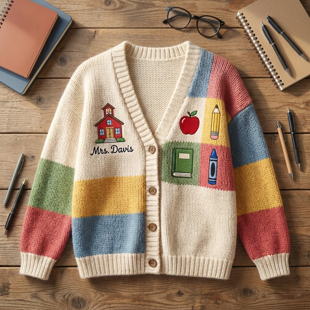 Cardigan pull personnalisé pour enseignant(e), Cardigan tricoté avec nom d'enseignant(e) personnalisé, Cadeau d'enseignant(e) pour la rentrée scolaire, Joli vêtement de classe. Chemise d'enseignant(e)