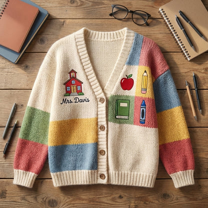Cardigan pull personnalisé pour enseignant(e), Cardigan tricoté avec nom d'enseignant(e) personnalisé, Cadeau d'enseignant(e) pour la rentrée scolaire, Joli vêtement de classe. Chemise d'enseignant(e)