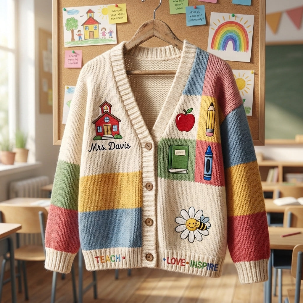 Cardigan pull personnalisé pour enseignant(e), Cardigan tricoté avec nom d'enseignant(e) personnalisé, Cadeau d'enseignant(e) pour la rentrée scolaire, Joli vêtement de classe. Chemise d'enseignant(e)