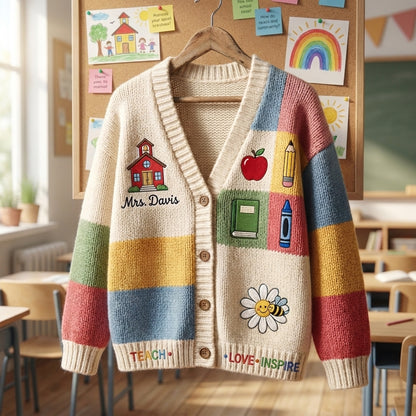 Cardigan pull personnalisé pour enseignant(e), Cardigan tricoté avec nom d'enseignant(e) personnalisé, Cadeau d'enseignant(e) pour la rentrée scolaire, Joli vêtement de classe. Chemise d'enseignant(e)