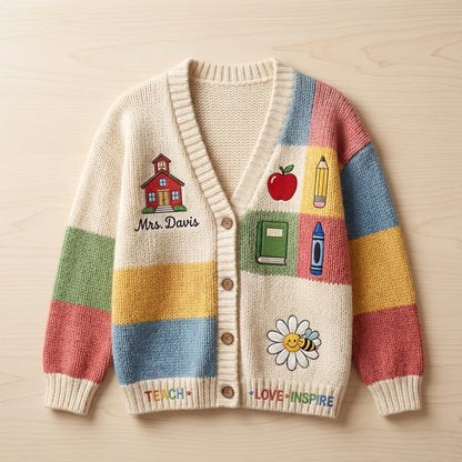 Cardigan pull personnalisé pour enseignant(e), Cardigan tricoté avec nom d'enseignant(e) personnalisé, Cadeau d'enseignant(e) pour la rentrée scolaire, Joli vêtement de classe. Chemise d'enseignant(e)