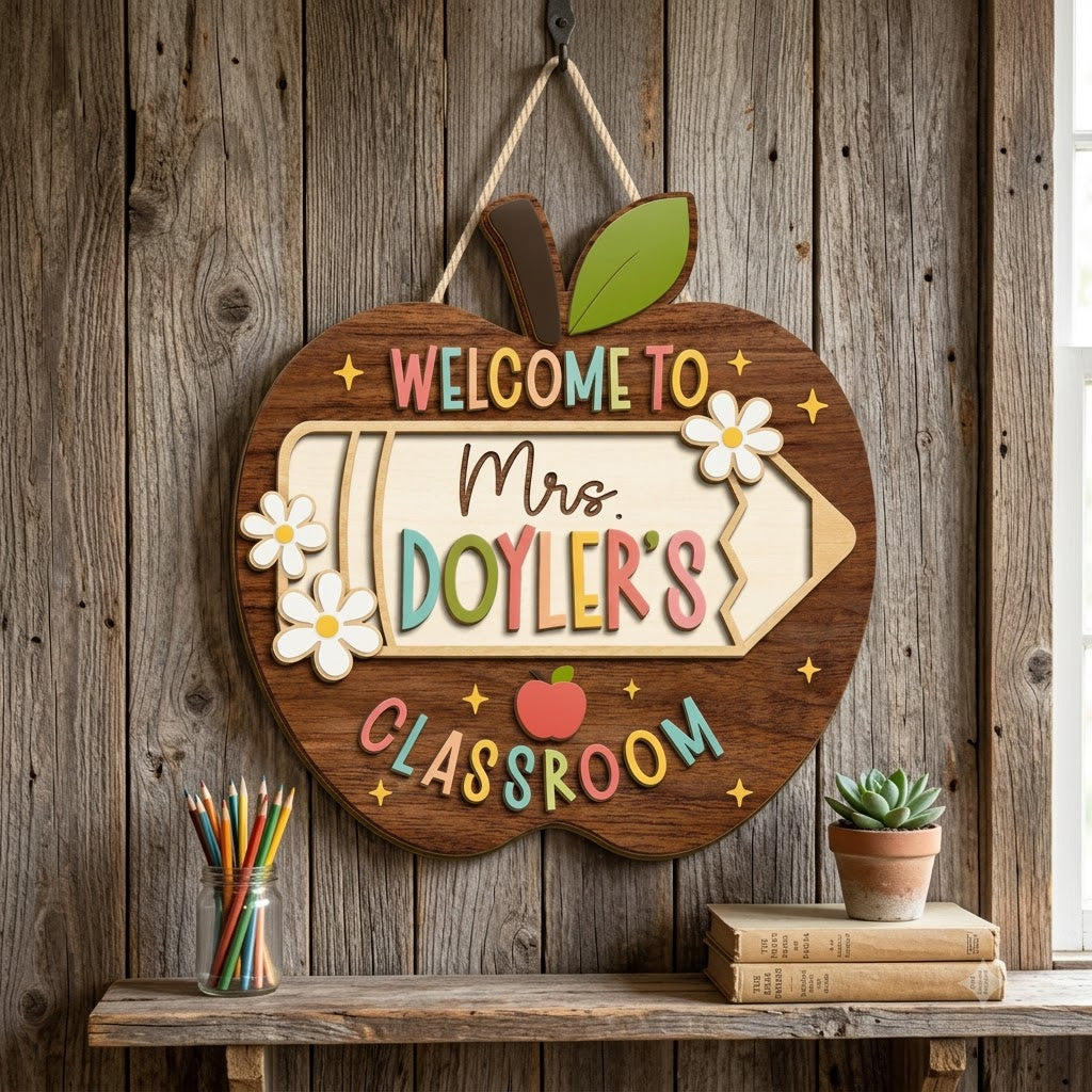Personalized Apple Teacher Name Door Sign, 3D Welcome Door Hanger, Back to School Classroom Decor, Teacher Appreciation Gifts, Teacher Gift