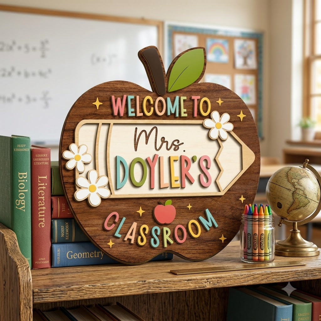 Personalized Apple Teacher Name Door Sign, 3D Welcome Door Hanger, Back to School Classroom Decor, Teacher Appreciation Gifts, Teacher Gift