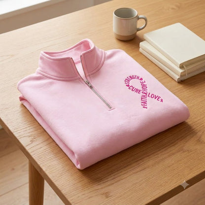 Embroidered Breast Cancer Quaterzip, Cancer Gifts, Breast Cancer Awareness Shirt, Breast Cancer Crewneck Heart Ribbon