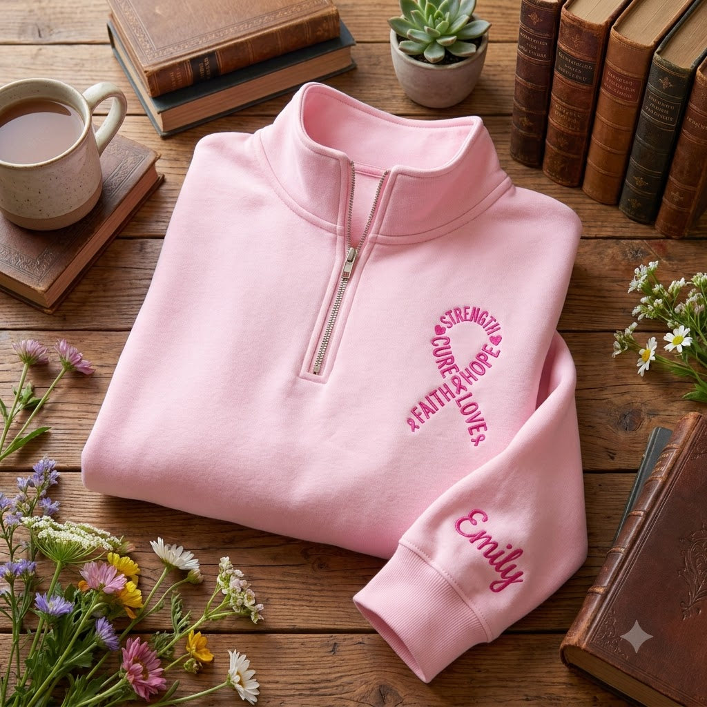 Embroidered Breast Cancer Quaterzip, Cancer Gifts, Breast Cancer Awareness Shirt, Breast Cancer Crewneck Heart Ribbon