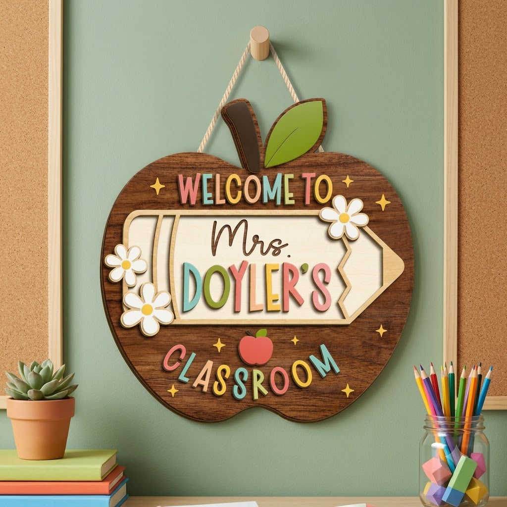 Personalized Apple Teacher Name Door Sign, 3D Welcome Door Hanger, Back to School Classroom Decor, Teacher Appreciation Gifts, Teacher Gift