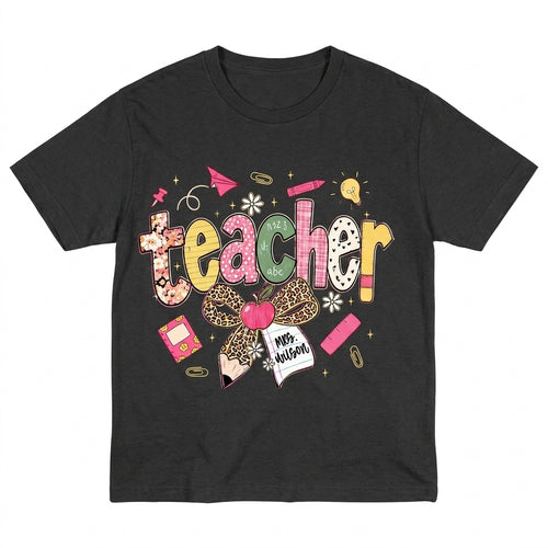Custom Teach Teacher Leopard Fall Comfort Colors® T Shirt | Personalized Teacher Fall TShirt | Y2K Fall Teacher Appreciation Shirt Gift