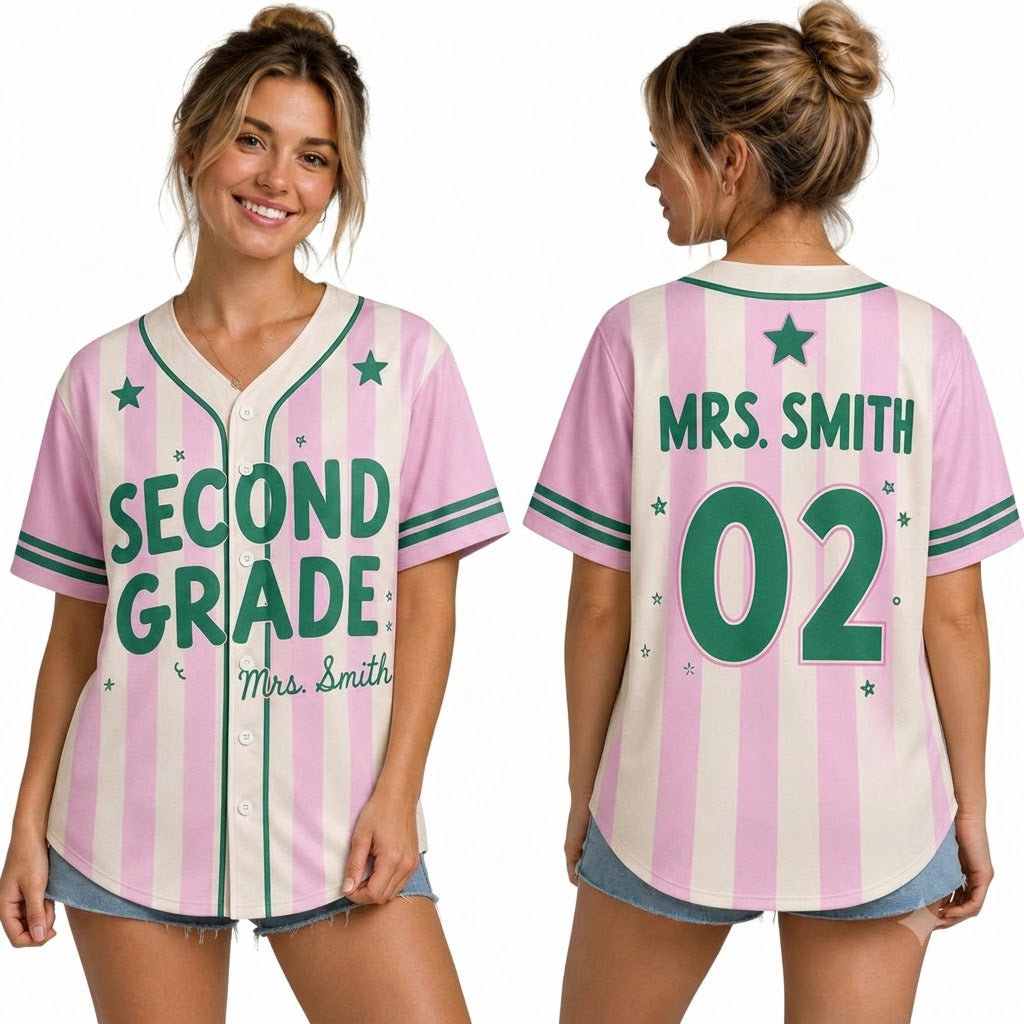 Custom Teacher Baseball Jersey, Personalized Grade Level & Name Pinstripe Shirt, Back to School Teacher Outfit, Cute Teacher Gift Idea