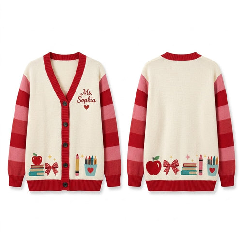 Personalized Teacher Cardigan Sweater, Custom Teacher Name Knit Cardigan, Back to School Teacher Gift, Cute Classroom Apparel. Teacher Shirt