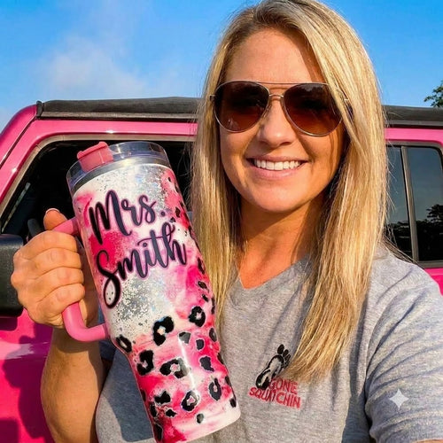 Personalized Teacher Leopard Print 40oz Tumbler with Handle, Custom Name Gift for Teachers
