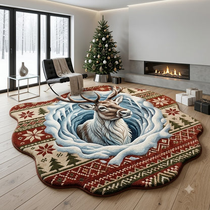 Reindeer Christmas Rug, 3D Custom Shape Holiday Floor Mat, Rustic Winter Rug, Nordic Christmas Home Decor, Reindeer Lover Gift