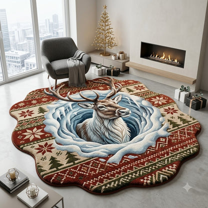 Reindeer Christmas Rug, 3D Custom Shape Holiday Floor Mat, Rustic Winter Rug, Nordic Christmas Home Decor, Reindeer Lover Gift