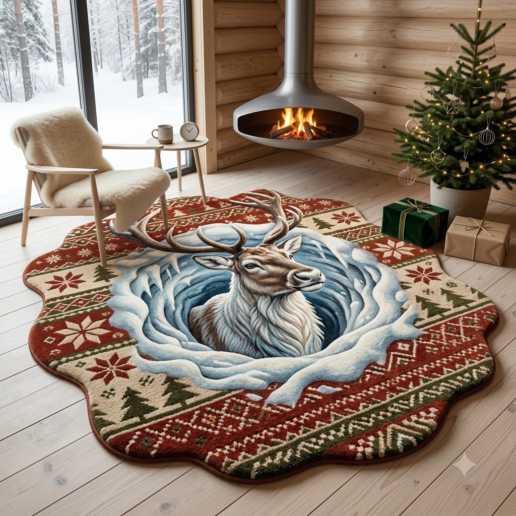 Reindeer Christmas Rug, 3D Custom Shape Holiday Floor Mat, Rustic Winter Rug, Nordic Christmas Home Decor, Reindeer Lover Gift
