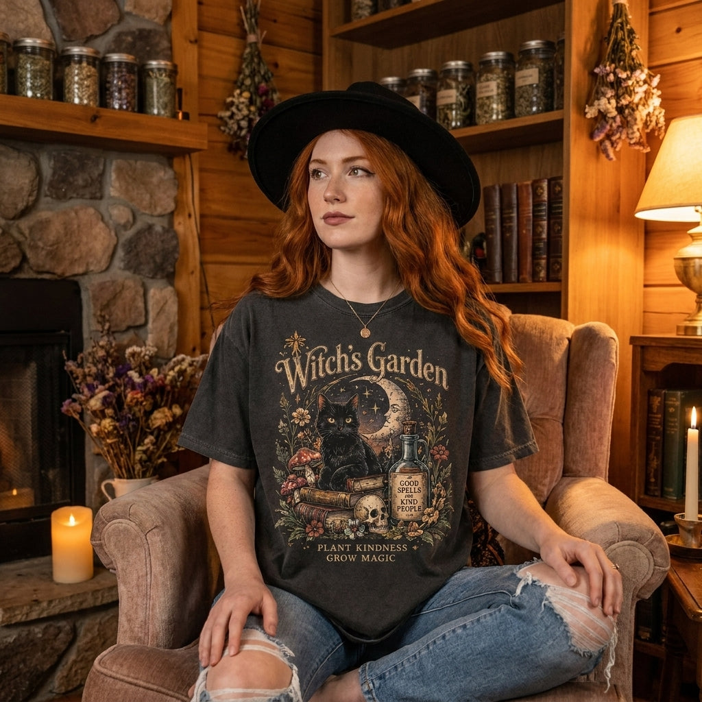 Witch's Garden T-Shirt, Vintage Halloween Shirt, Black Cat Witch Shirt, Spooky Book Lover Tee, Gothic Fall Shirt