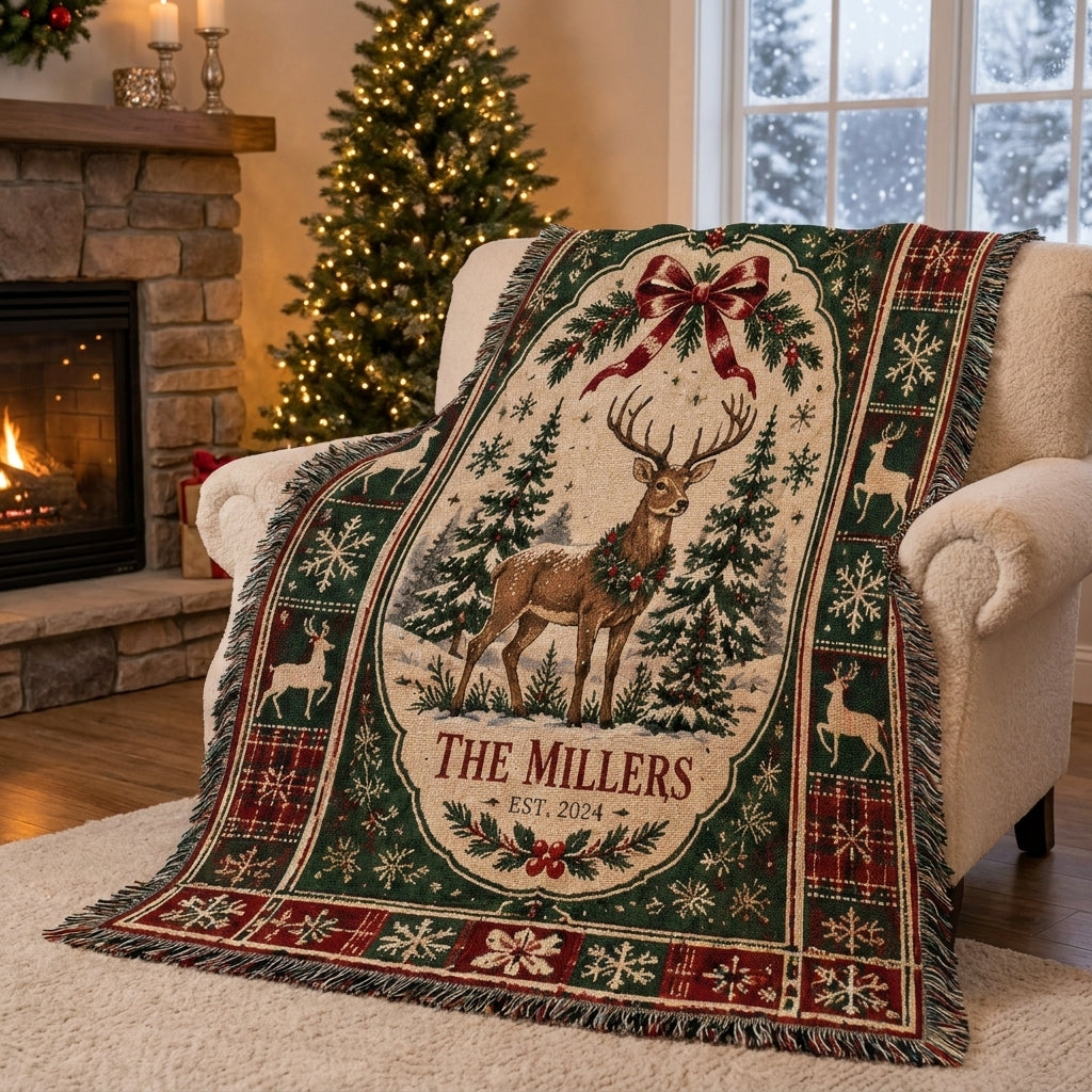 Personalized Christmas Deer Woven Blanket – Custom Family Name Holiday Throw