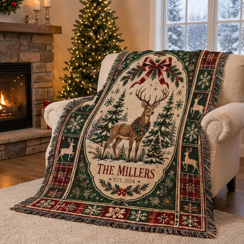 Personalized Christmas Deer Woven Blanket – Custom Family Name Holiday Throw