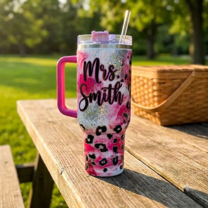 Personalized Teacher Leopard Print 40oz Tumbler with Handle, Custom Name Gift for Teachers