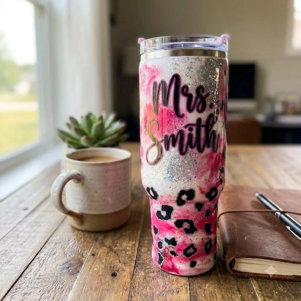 Personalized Teacher Leopard Print 40oz Tumbler with Handle, Custom Name Gift for Teachers