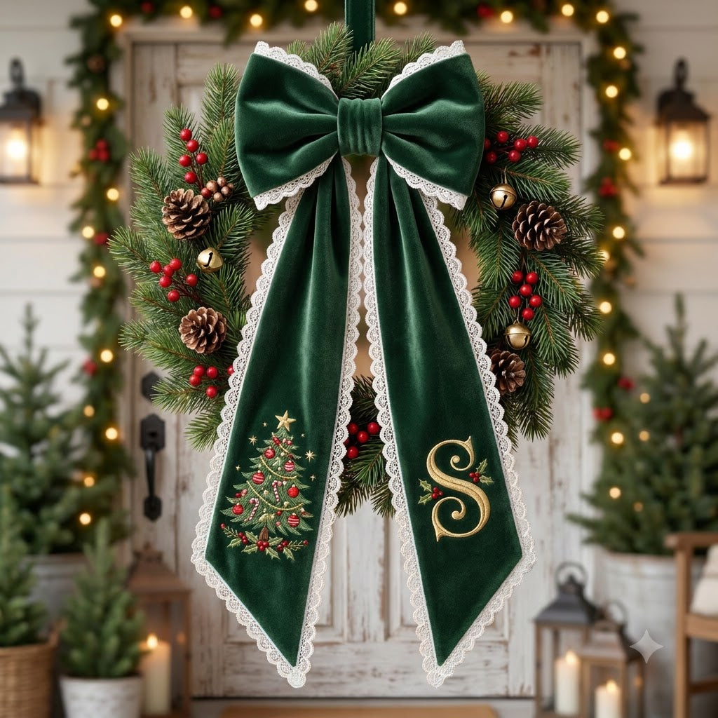 Personalized Green Velvet Christmas Wreath Sash with Monogram, Elegant Holiday Door Bow Decor