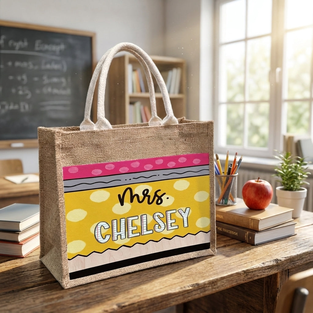 Personalized Teacher Jute Tote Bag, Back To School Canvas Gift Bag,Small Medium Large,Teacher Appreciation Gift