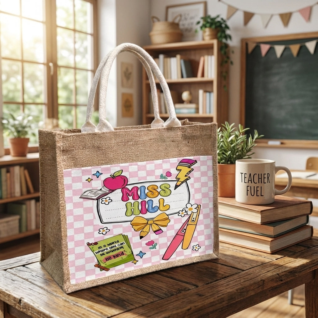 Personalized Teacher Tote Bag,Custom Name Jute Tote Bag,Teacher Appreciation Gift