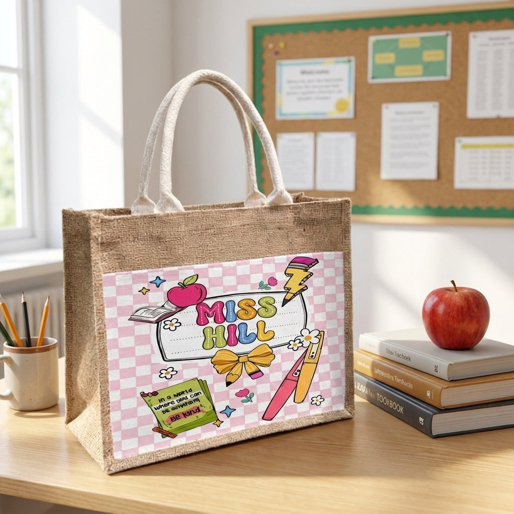 Personalized Teacher Tote Bag,Custom Name Jute Tote Bag,Teacher Appreciation Gift