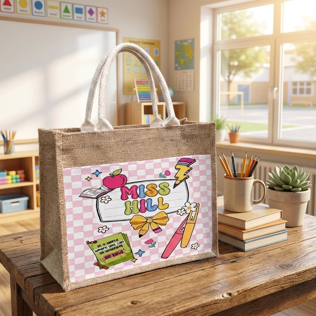 Personalized Teacher Tote Bag,Custom Name Jute Tote Bag,Teacher Appreciation Gift