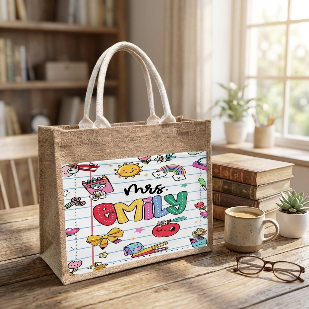 Personalized Teacher Appreciation Gifts, Custom Name Jute Tote Bag, Back to School Gift