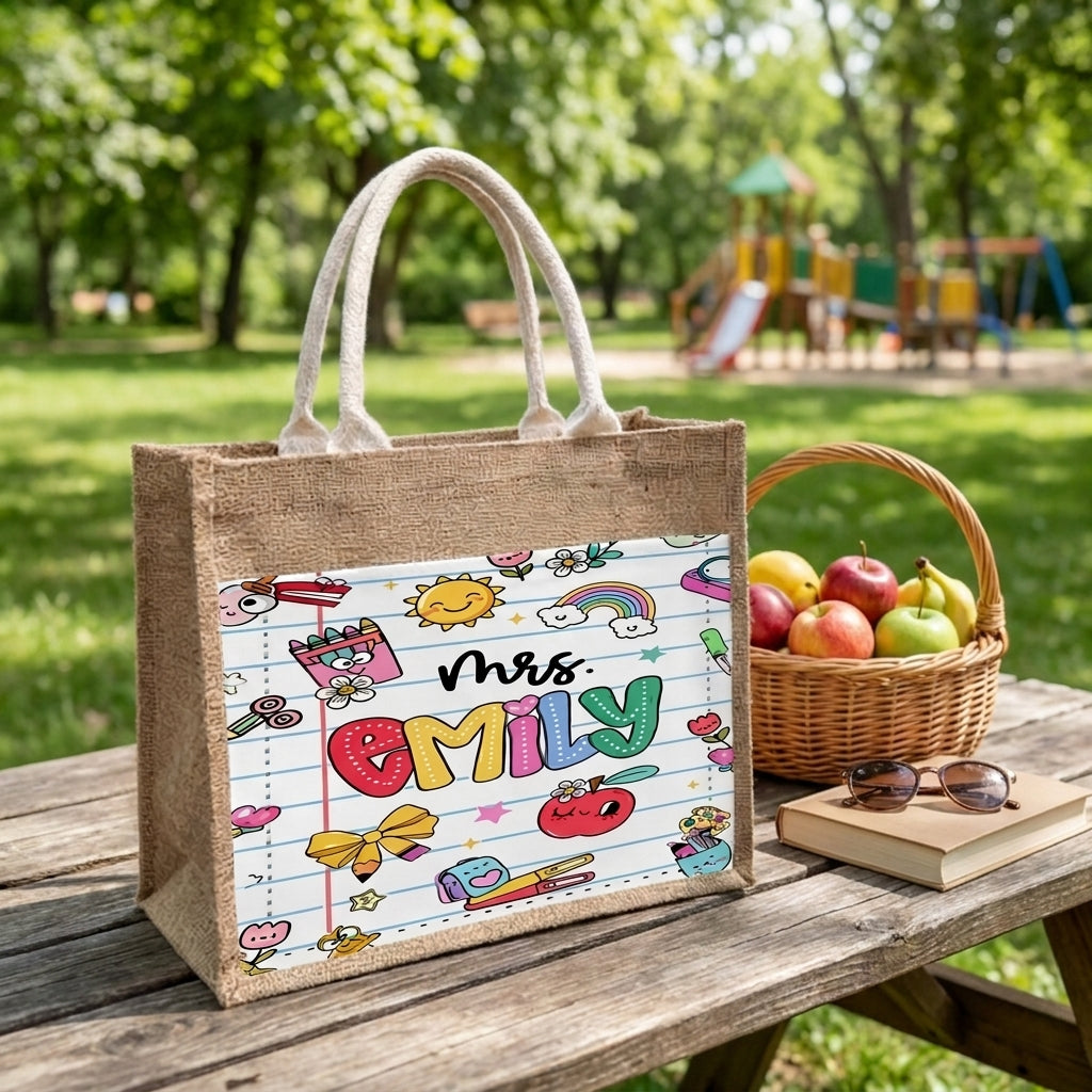 Personalized Teacher Appreciation Gifts, Custom Name Jute Tote Bag, Back to School Gift